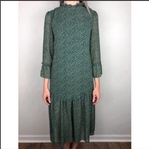 Muted Green Drop Waist Floral Midi Dress